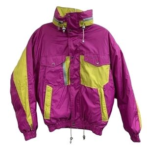 Yellow and Purple Ski Jacket with High Collar and Weather Resistant Fabric